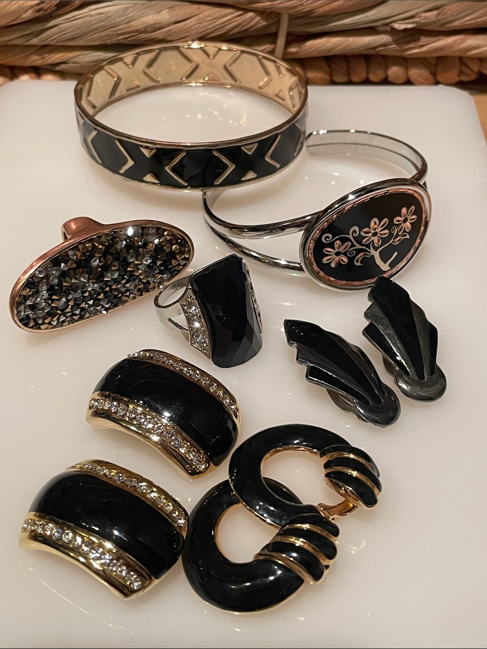 Black and Gold Statement Vintage Jewelry Set - Mixed Earrings, Rings & Bracelet